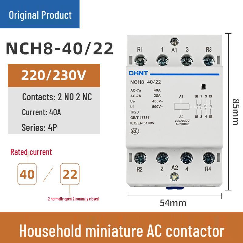Chint Single-Phase AC Contactor NCH8-20/20, 20A, 240V, 2P, DIN Rail Mount