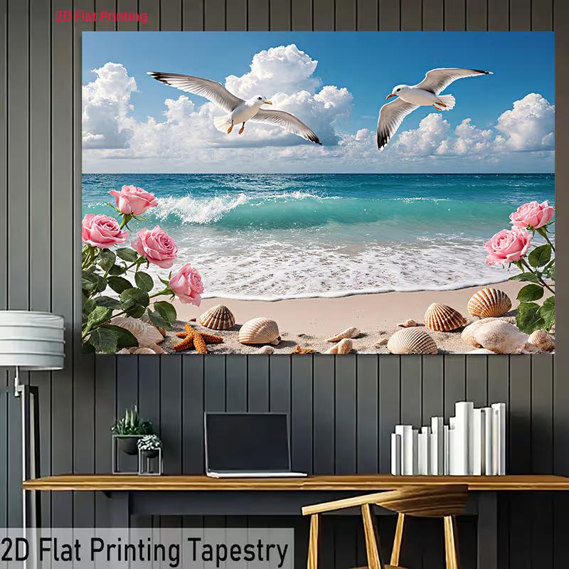 Toile de fond pour photographie de plage tropicale 2D Vague de l'océan Mouette Rose Rose Arrière-plan