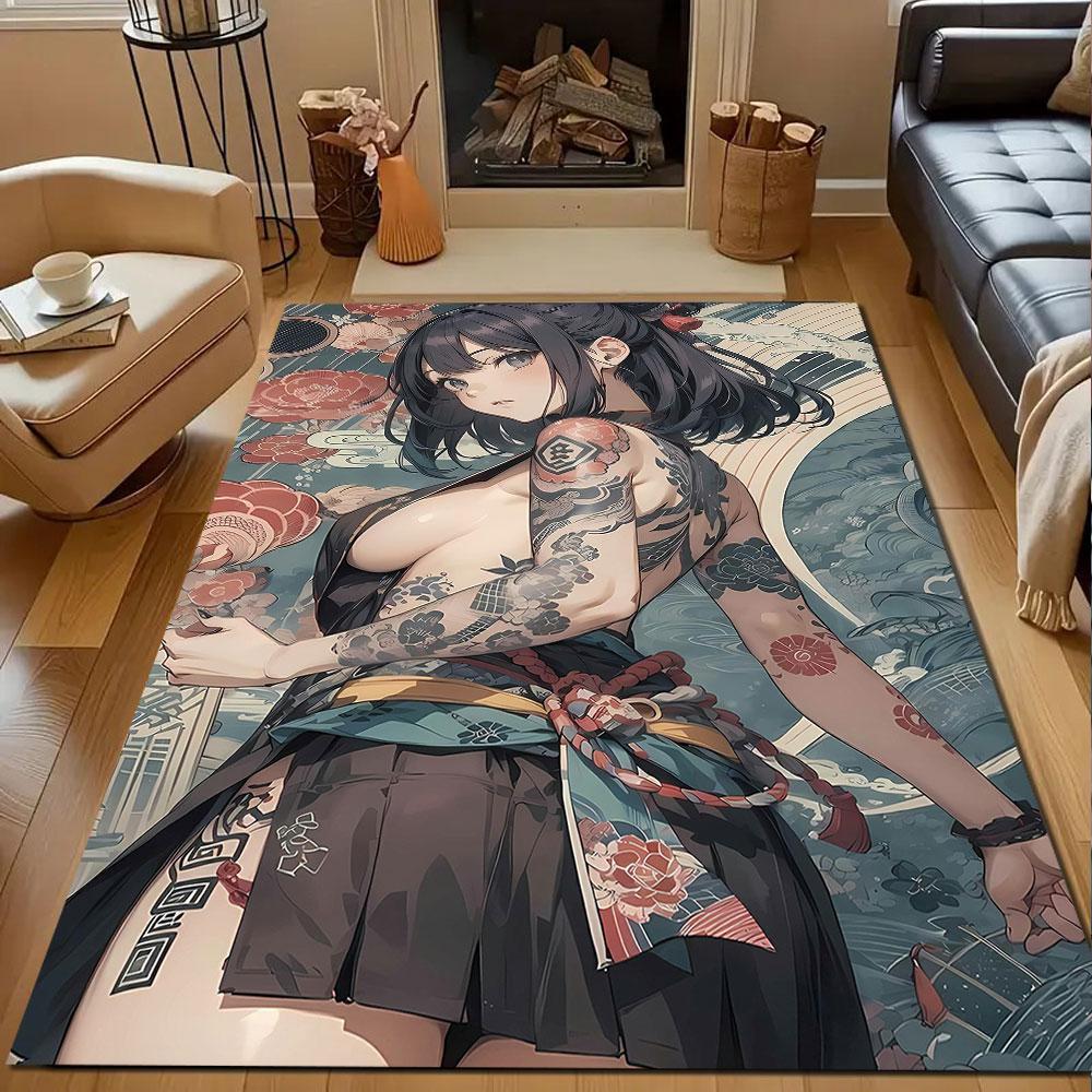 Tattooed Samurai-Inspired Anime Girl Art Patterned Carpet, Non Slip Mat Suitable for Living Room and Bedroom Sofas