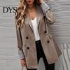 Double Breasted Business Outwear Women Suit Coat Lapel Long Sleeve Striped Cuffs Jacket with Solid Color Flap Pockets Loose Fit Female