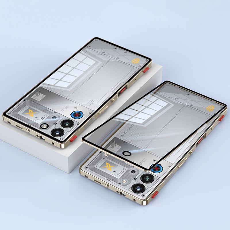 Funda para ZTE nubia Red Magic 10 Pro 5G Marco de Metal Cubierta Trasera de Cristal para Teléfono con Tecla de Hombro para Juegos