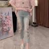 Damen Jeans mit hohem Bund, lockerer Passform, Denim, mit Cut-Out und Strassstein-Verzierung, Große Größen, Gerade Beine, Hose 2026