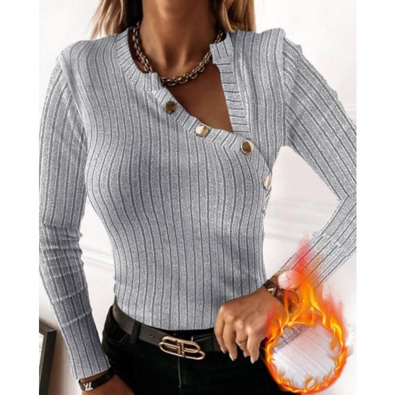 

Long Sleeved V-neck Pit Stripe Brushed Knit Top Women’s T-shirts S сірий колір