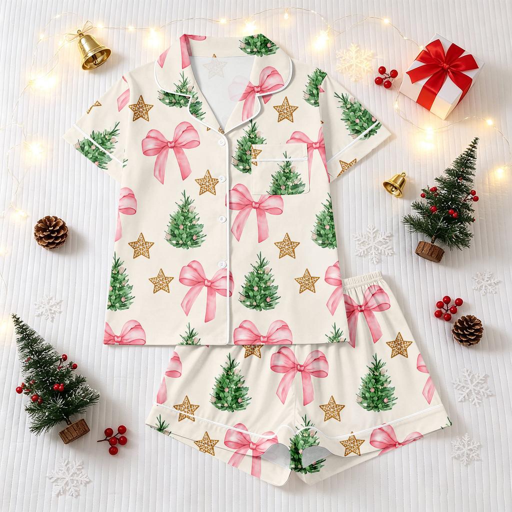 Women's Christmas Pajama Set Short Sleeve Button Down Shirt and Shorts Sleepwear