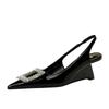 Fashion Patent Leather Shallow Mouth Pointed Toe Hollow Back Strap High Heels Shoes Rhinestone Buckle Wedges  Lady Pumps