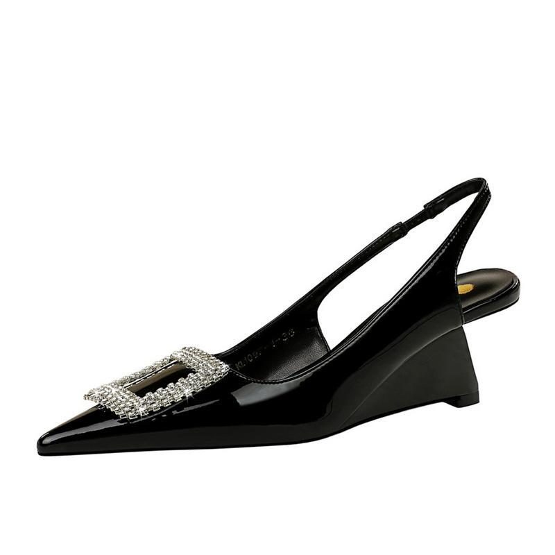 Fashion Patent Leather Shallow Mouth Pointed Toe Hollow Back Strap High Heels Shoes Rhinestone Buckle Wedges  Lady Pumps