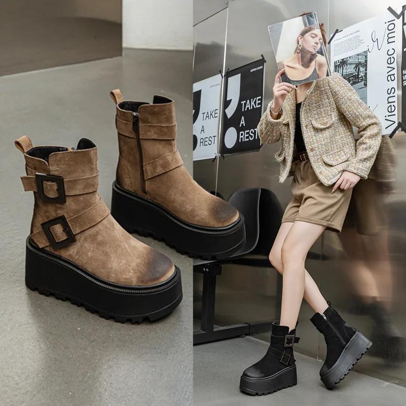 8cm Vollrindveloursleder Echtes Leder Knöchel für Damen Motorrad Punk Stiefeletten Schuhe Plateau Keilabsatz Frühling Damen Stiefel