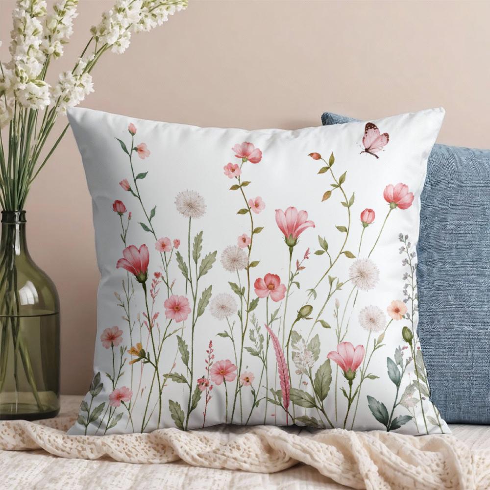Floral Print Pillow Cover White With Pink And White Flowers And Butterfly Design For Living Room Bedroom Decor