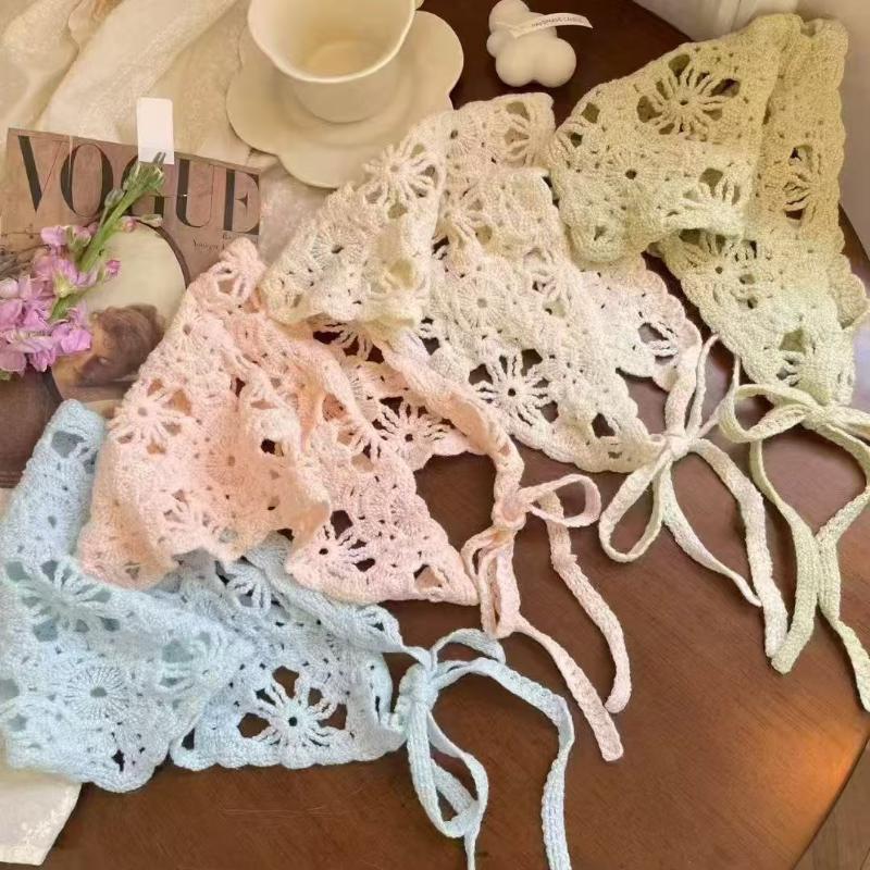 Fashion Knitted Headscarf Women French Pastoral Style Triangle Headband Handmade Crochet Headband Towel Retro Flower Headscarf