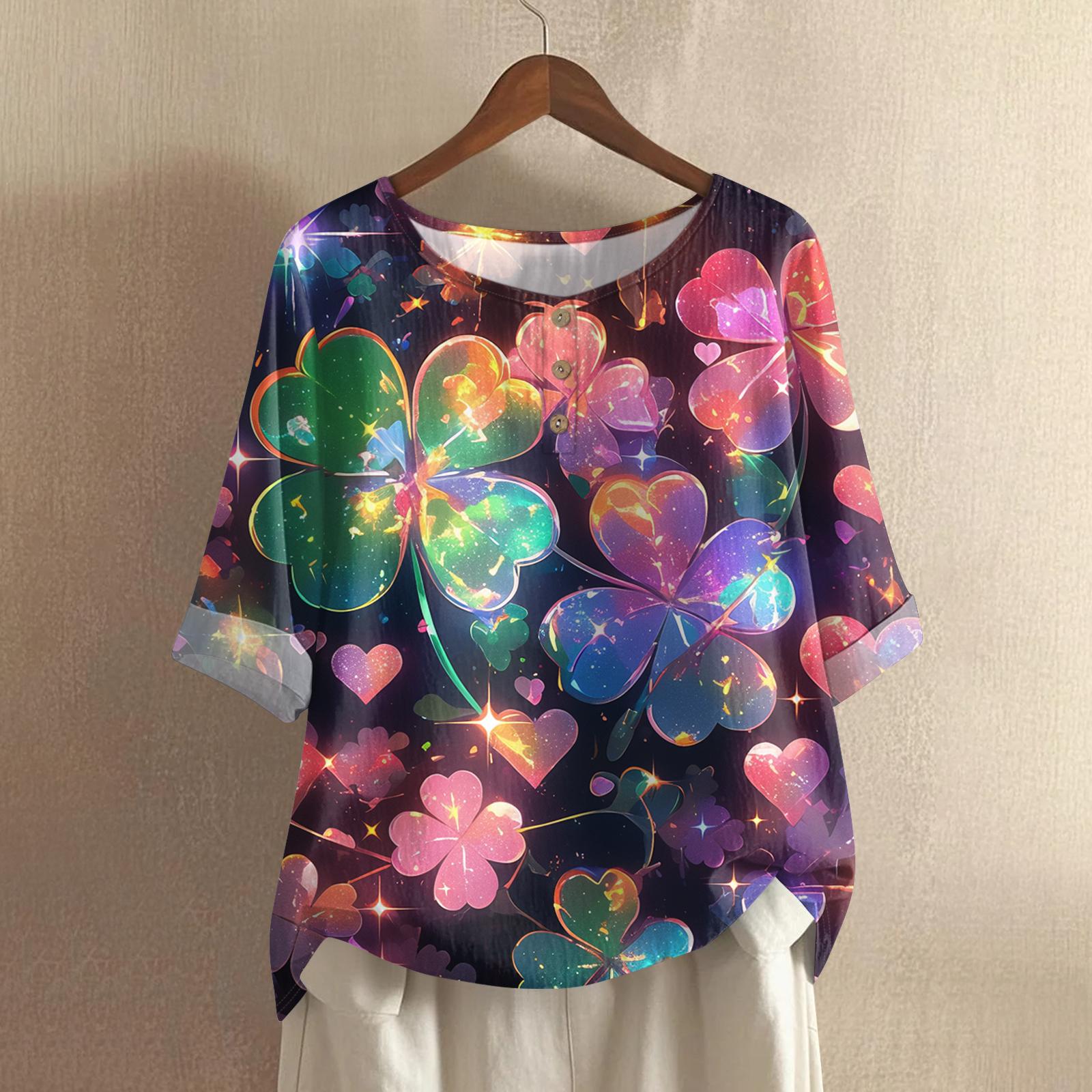 

Women s St. Patrick s Day Printed Casual Mid Sleeved Round Neck Cotton And Linen Top M фіолетовий