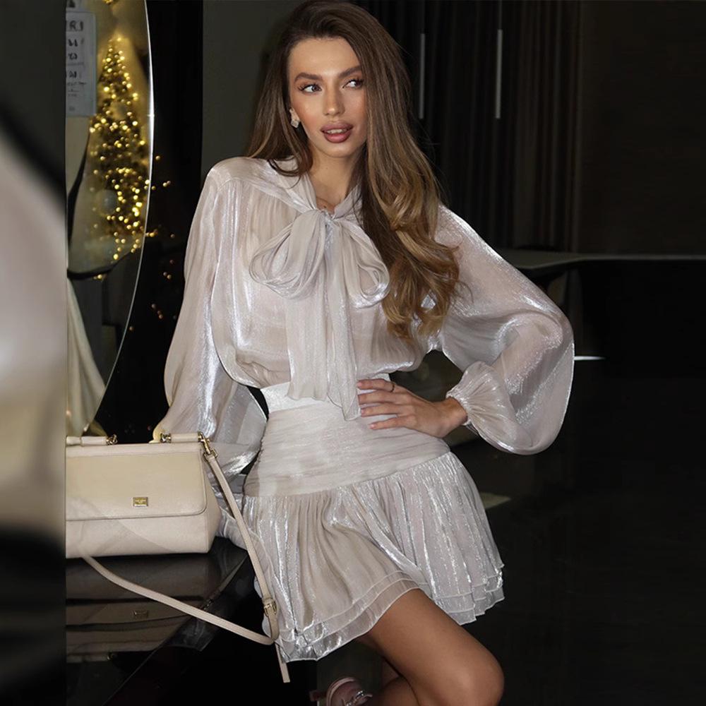 2025 Spring/Summer Bestseller: Temperamental Bow Puff Sleeve Top & Ruched Half Skirt Set