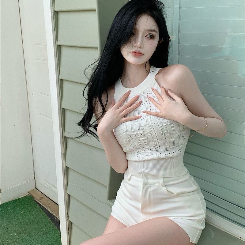 Halter Camisole Tank Top Women's Knitted Inner Wear Summer Elegant Sexy Hollow-out Slim Fit Versatile Short Top