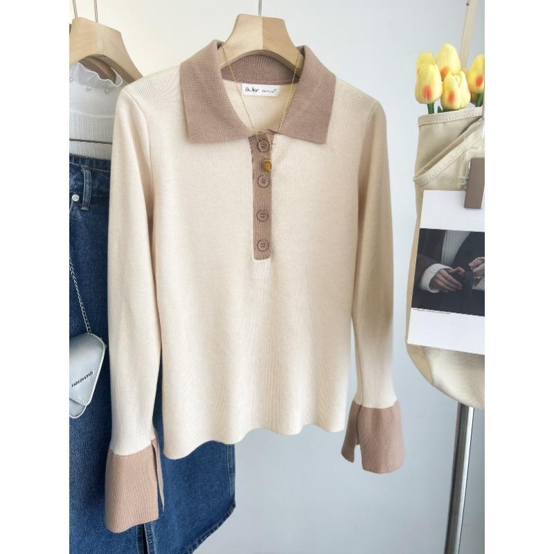 Polo Lapel Sweater Bottoming Shirt Women's Autumn and Winter Senior Sense Slim and Thin Knitted Sweater Contrasting Color Inner Top