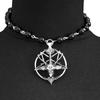 Gothic Black Agate Choke Ring and Baphomet Pendant Antique Pentagram Skull Round Goat Head Necklace Devil Pan God Necklace