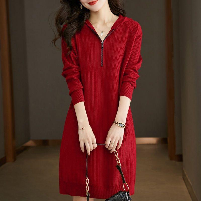 Zipper hooded dress women's autumn and winter new medium and long sweater with knitted dress bottoming shirt with coat