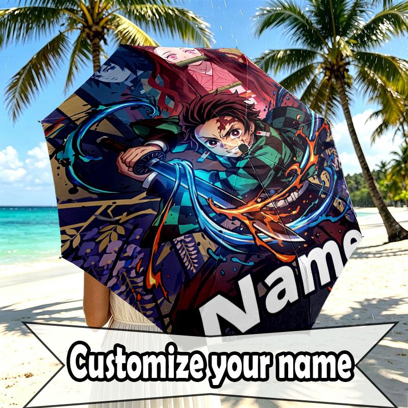 Custom Name Personalized Demon Slayer Anime Print Umbrella, Auto Open Close, 8‑Rib Sturdy Frame, Commute Camping Hiking Use, Birthday Gift