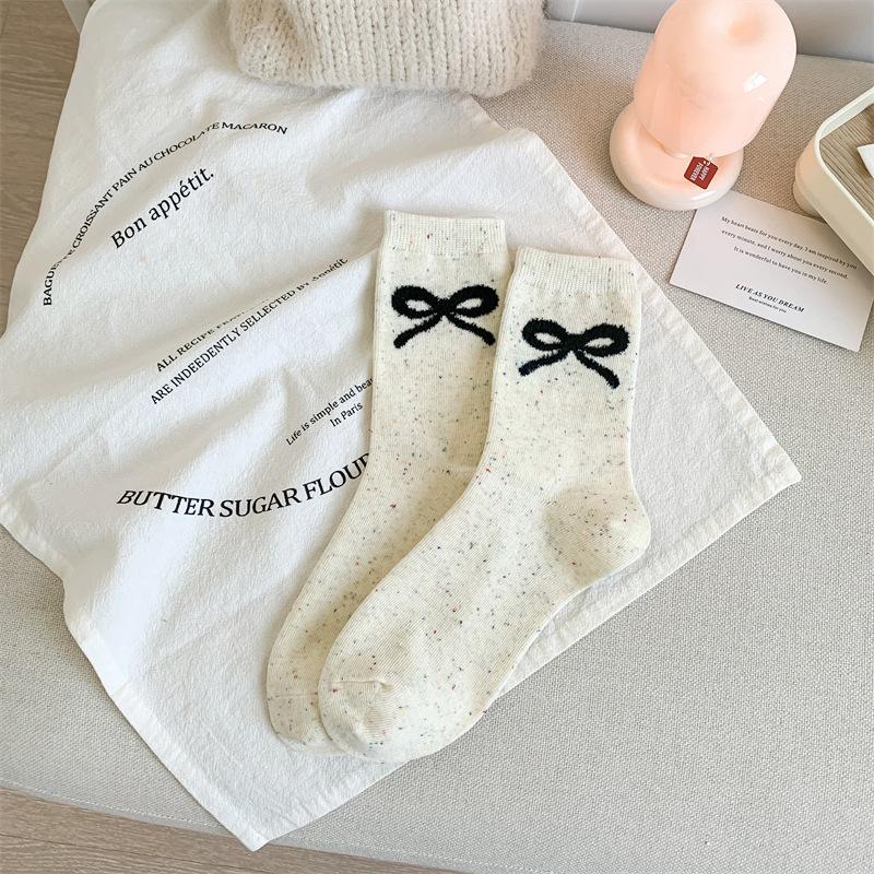 Women's Cute Bowknot Dot Tulle Socks - Mid-Calf, Korean Cartoon Bear, Japanese Color Dots