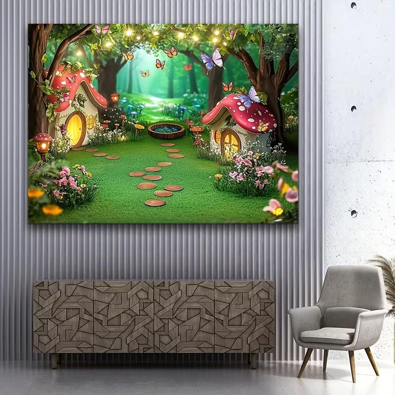 2D Whimsical Green Forest Mushroom Cottage Backdrop for Children Photoshoot