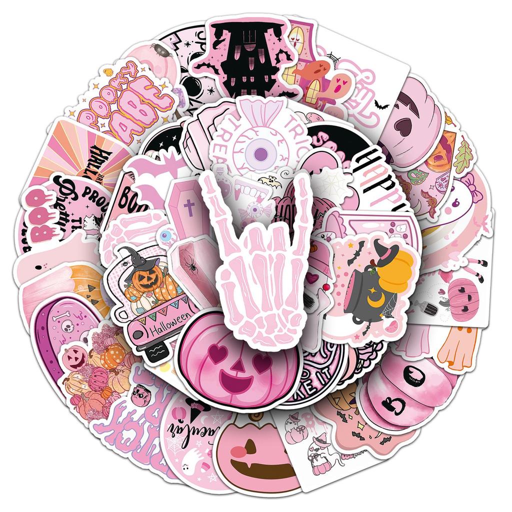 50 Pink Halloween Waterproof Stickers for DIY Cards, Journals, and Festive Decorations