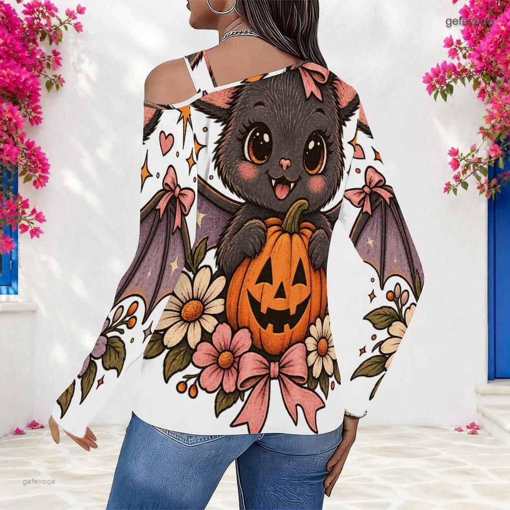 Women Plus Size Asymmetric Cutout Neck Cold Shoulder Long Sleeve Cartoon Panda Halloween Print Top