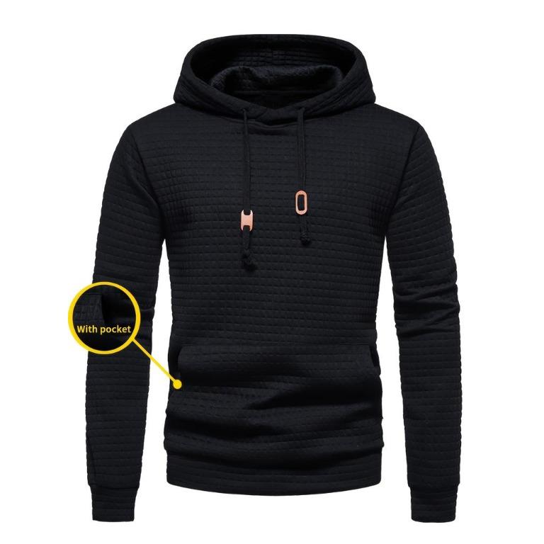 Men's Waffle Pattern Solid Color Hoodie Casual Pullover Hooded Sweatshirt for Autumn and Winter