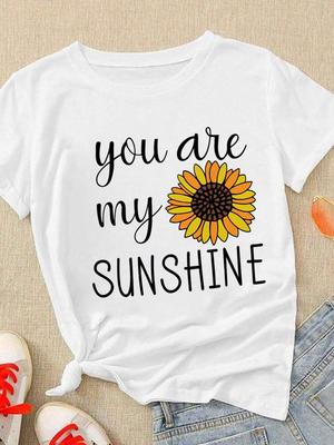 (Asian Size) Women T Shirt Lovely Letter Flower Style Cute Short Sleeve Tee Top Clothing Fashion Print Lady Casual Female Graphic T-shirts