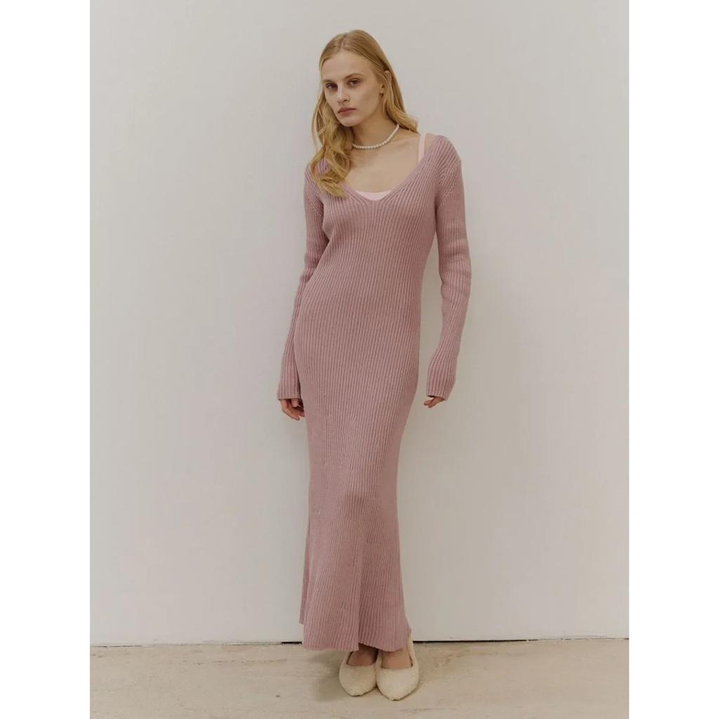 Women's New Solid Color Long Sleeve V-neck Slim Bodycon Knitted Maxi Dress Trendy Elegant Fashion Dresses