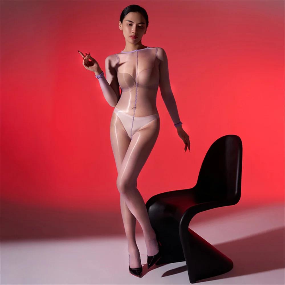 Slip Bodystocking Women'S Thin Sheer Oil Shiny Jumpsuit Sexy Open Crotch Bodysuit Woman Tights Shape Wear Nightclub Dance