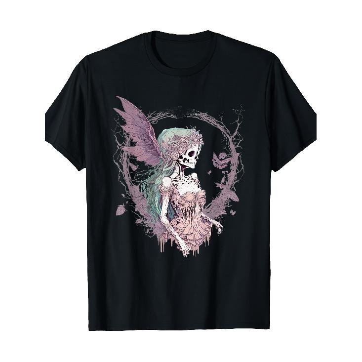Women S & Men S Gothic Fairycore T-Shirt - 220gsm Heavyweight, Loose Fit Short Sleeve, Gothic Fairy & Bat Wing Print, Ethereal Aesthetic Casual & S чёрный