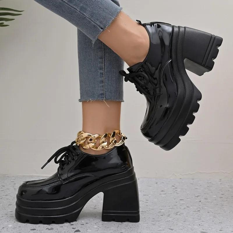 Fashion Mary Jane 2025 New Platform Loafers Lace-up Heightened Women's Leather Shoes Round Toe