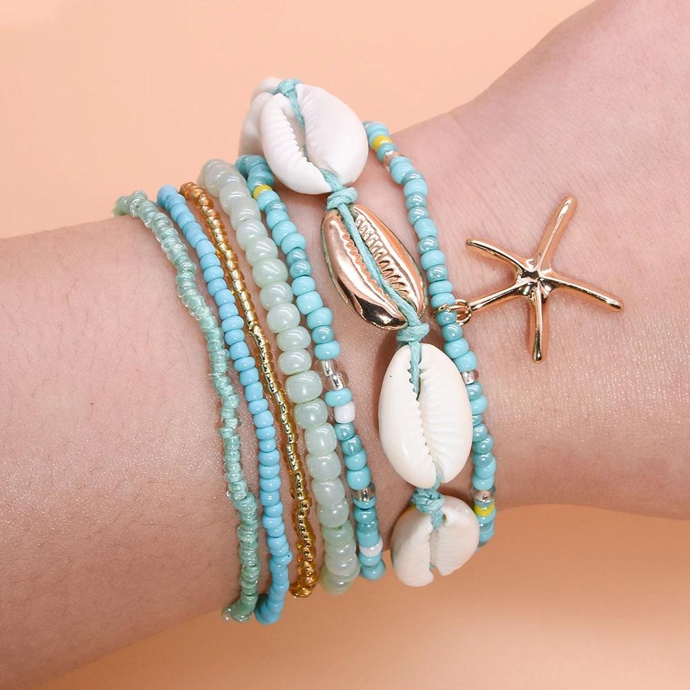 7Pcs/Set Summer Starfish Bracelet Set For Women Shell Rice Beads Elastic Chain Bangle Girls Bohemia Beach Jewelry Accessories