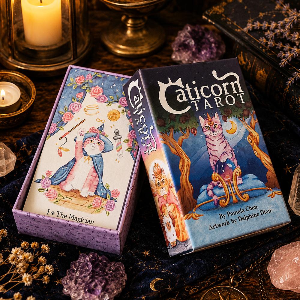Caticorn Tarot Deck In Rigid Box, 78 Whimsical Watercolor Cat Cards 12*7cm Double-embossed, Indie Deck for Cat Enthusiasts