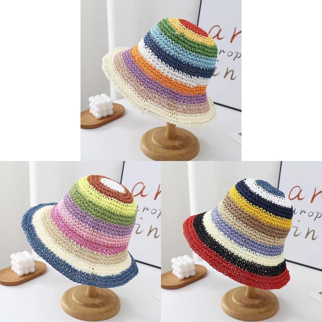 Cappello di Paglia Estivo Coreano con Arcobaleno Fatto a Mano a Falda Larga Protezione Solare per Vacanza al Mare