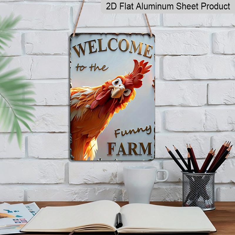 2D Flat - 1pc Holiday Plaque | Wall Mount Welcome To The Funny Farm Cheerful Vibrant Playful Cartoon Chicken Peeking Around Fence Aluminum Signs Wall