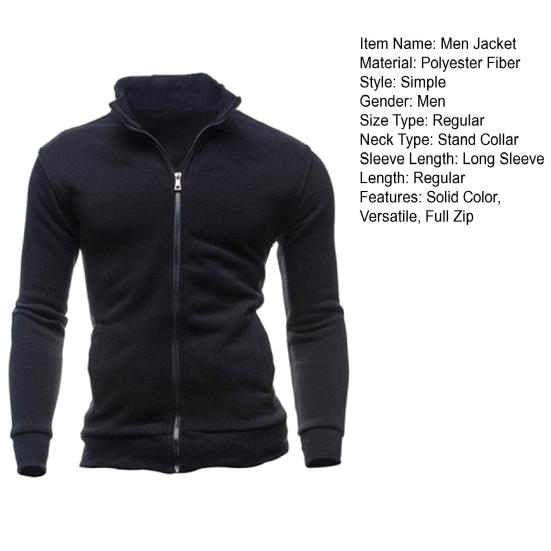 Men Zip-up Sweatshirt Mock Neck Long Sleeve Jacket Solid Color Full Zip Casual