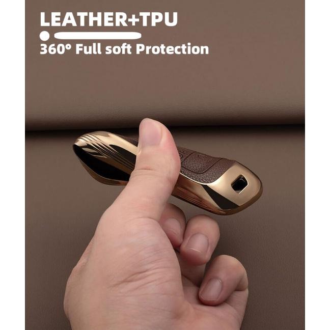 Key Fob Cover For Hyundai With Key Chain, Upper Leather + Soft TPU Car Key Case Shell For 2024   Hyundai Sonata Santa Fe Nexo Tucson (5 Buttons,