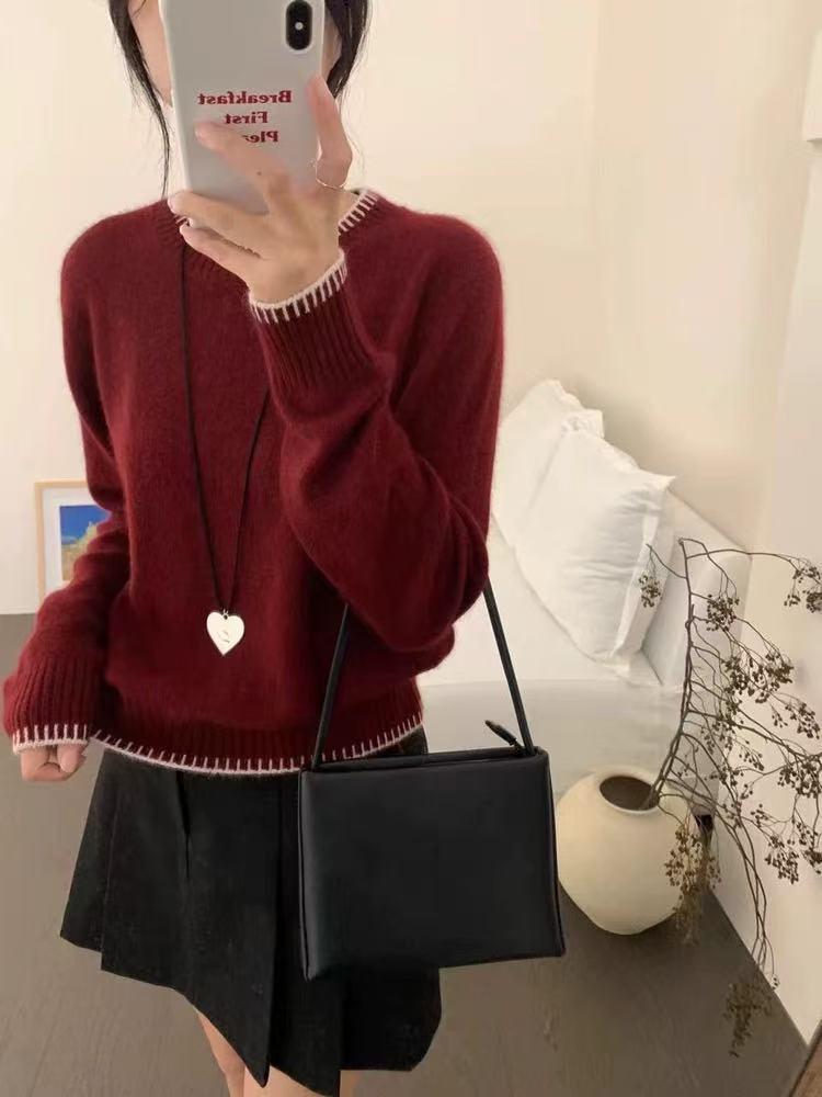 Women's European Style Grey Round Neck Merino Wool Sweater, High-End Autumn/Winter Cashmere Knitwear.