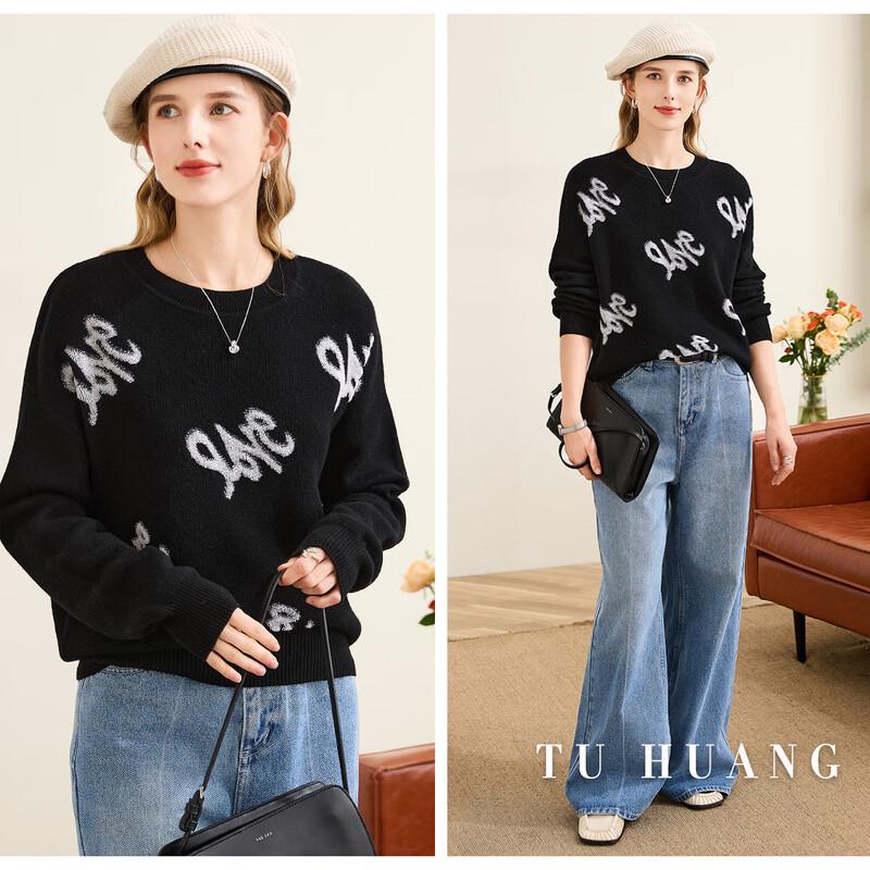 TUHUANG Women's Round Neck Pure Wool Embroidered Pullover Sweater
