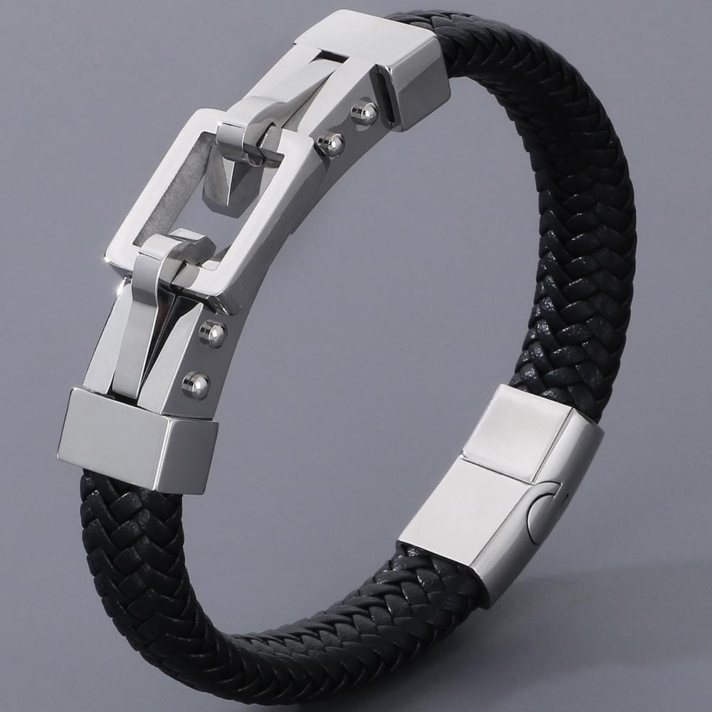 

Handmade Braided Leather Wrap Man Bracelet Gold Color Stainless Steel Men s Bracelets with Magnet Clasp Birthday Party Gifts 19cm срібний
