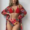 2025 European & American Lace Print Bikini Three-Piece Cover-up Set for Women