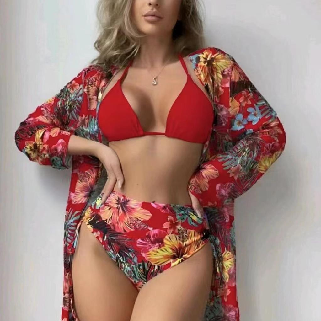 2025 European & American Lace Print Bikini Three-Piece Cover-up Set for Women