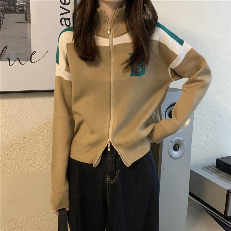 Hong Kong Style Color Block Double Zipper Knit Cardigan - Women's High Neck Long Sleeve Sweater for Spring & Autumn Versatile Top