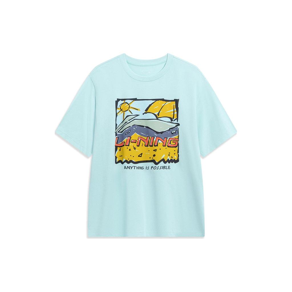 Li-Ning Sports Life Cartoon Print Round Neck Short Sleeve Drop Shoulder T-Shirt Unisex Tops Blue AHST543-3