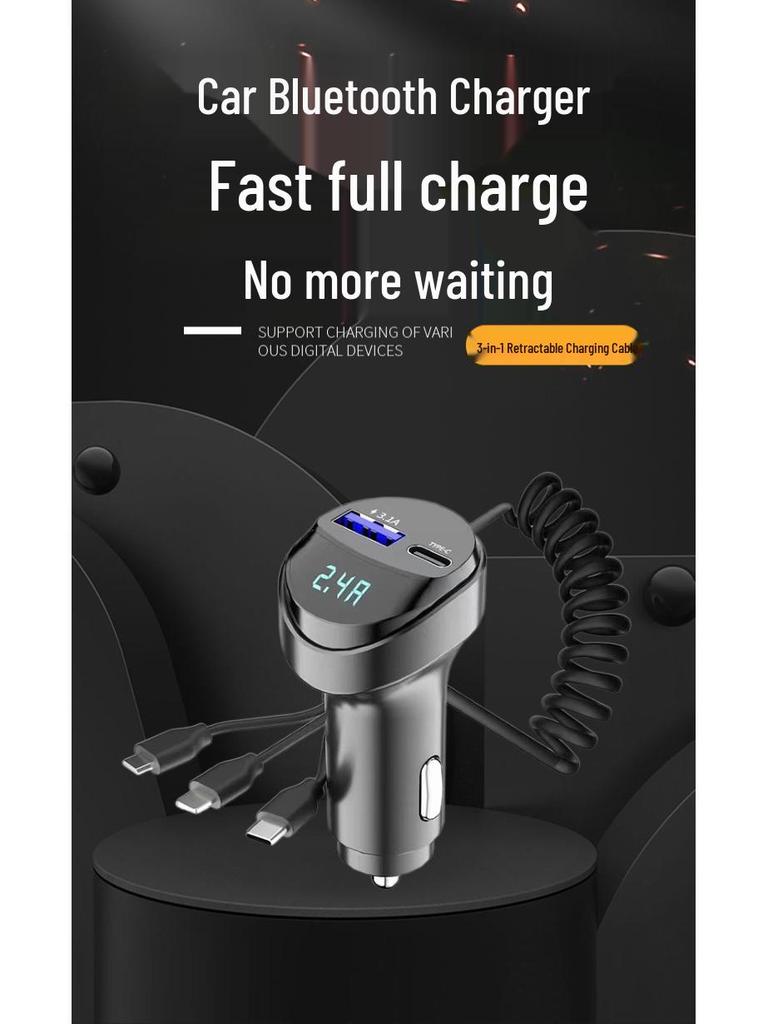 KC08 Car Charger: 3-in-1 Retractable Cable with Quick Charge and Voltage Display