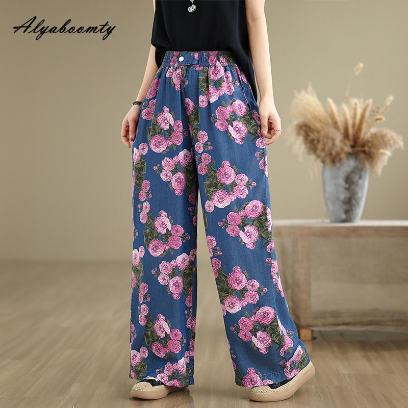 

Большие размеры Летние женские джинсы Tencel с высокой талией и цветочным принтом Контрастные цветные брюки Повседневные свободные винтажные женские тонкие джинсы XXL розовый