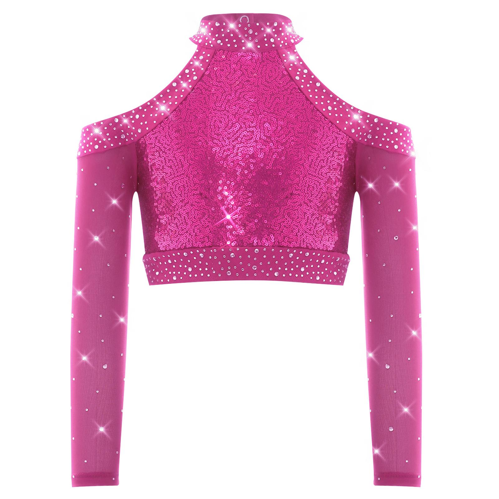 

Girls Shiny Sequins Crop Top Long Sleeve Back Neck Press Buttons Closure Dance Shirt 5-6 Years гарячі рожевого кольору