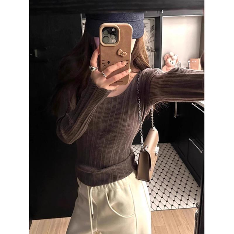 Versatile Simple Solid Color Knitted Slim-fitting Long-sleeved Shirt Women's Early Autumn New Skin-friendly Bottoming Shirt Top