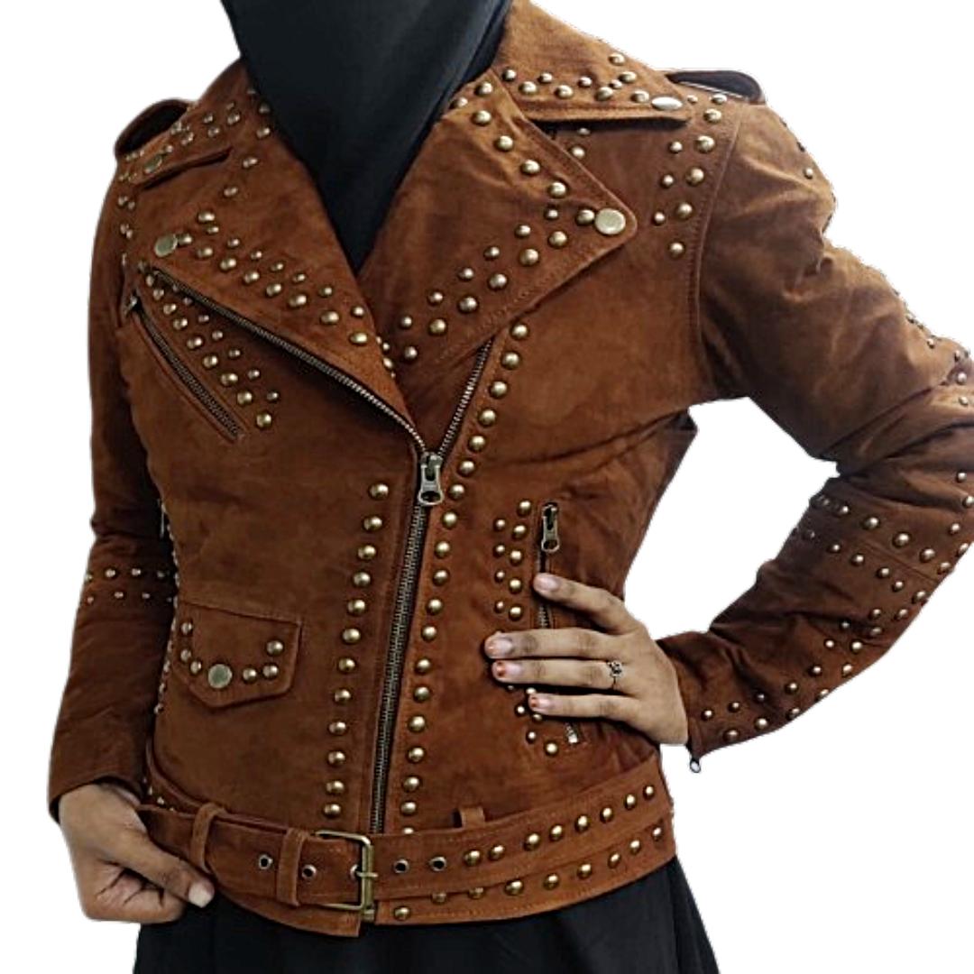 

Жіночий американський стиль, коричнева замшева шкіра ягняти, піджак із заклепками, на блискавці та куртка,| Ремінь на плече, подарунки для неї, куртка-ковбойка XXL коричневий