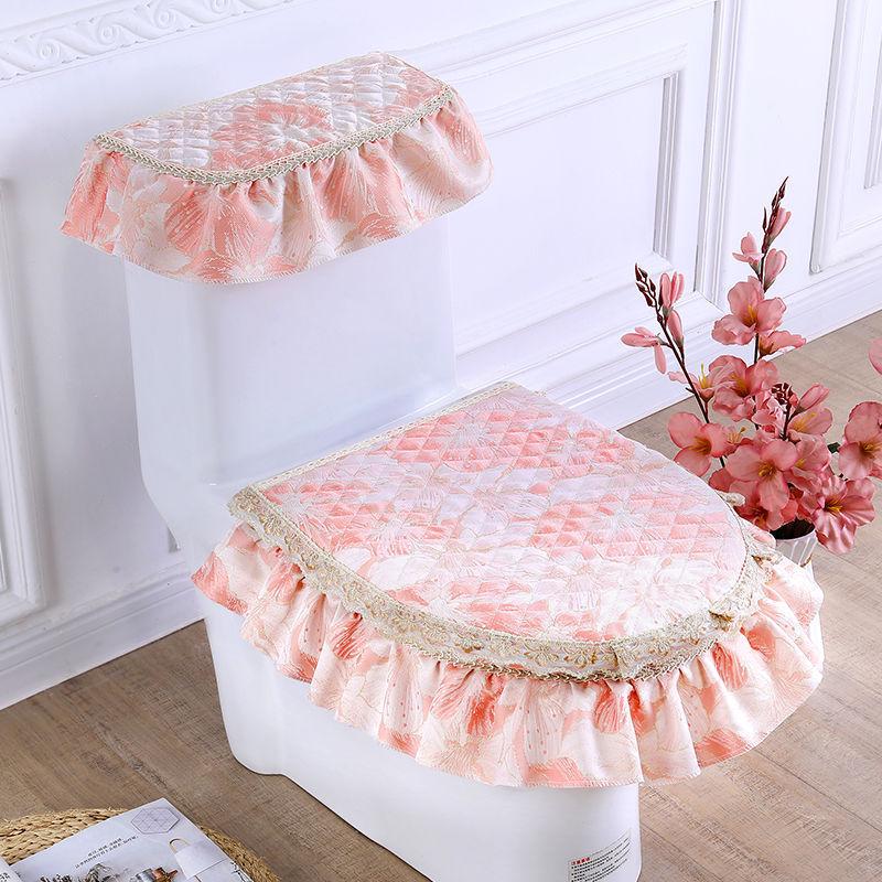 Universal European Style Double-Sided Toilet Seat Cover Set with Zippered Lace Fabric - All Seasons, Three-Piece Set.