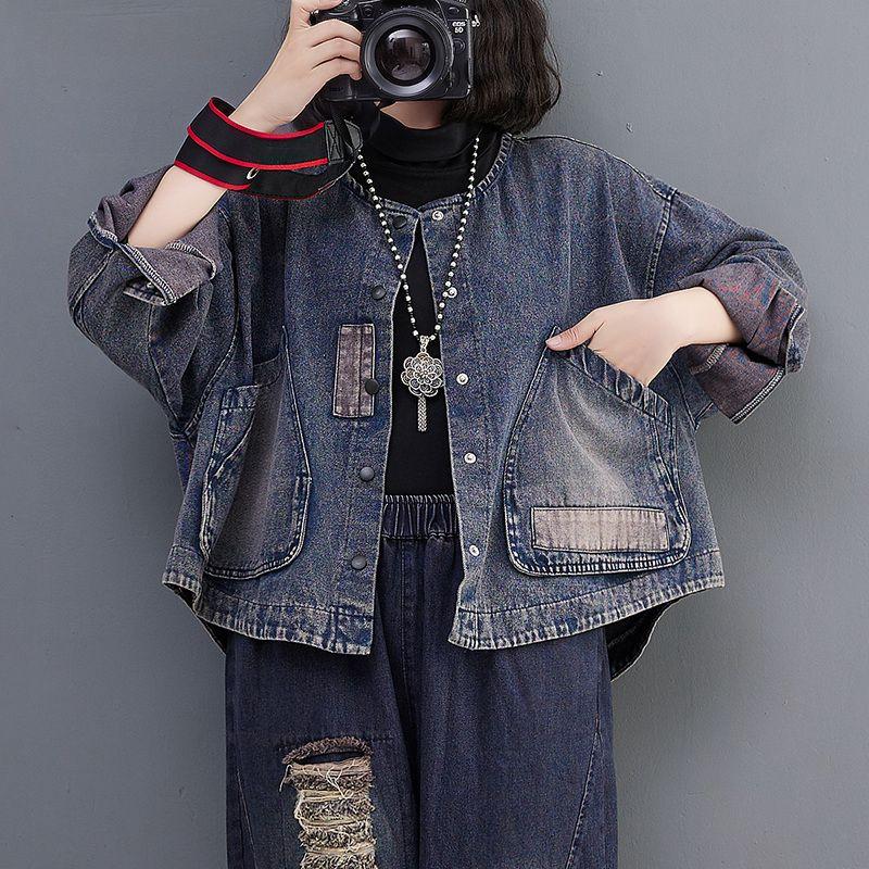 Plus Size Women Vintage Spring Autumn Long Sleeve Loose Single Breasted Denim Jackets Big Pocket Blue Casual Short Coat
